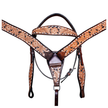 COMFYTACK By Hilason Western Horse Leather Breast Collar Headstall Set Side Buck Stitch Tan With Black Inlay